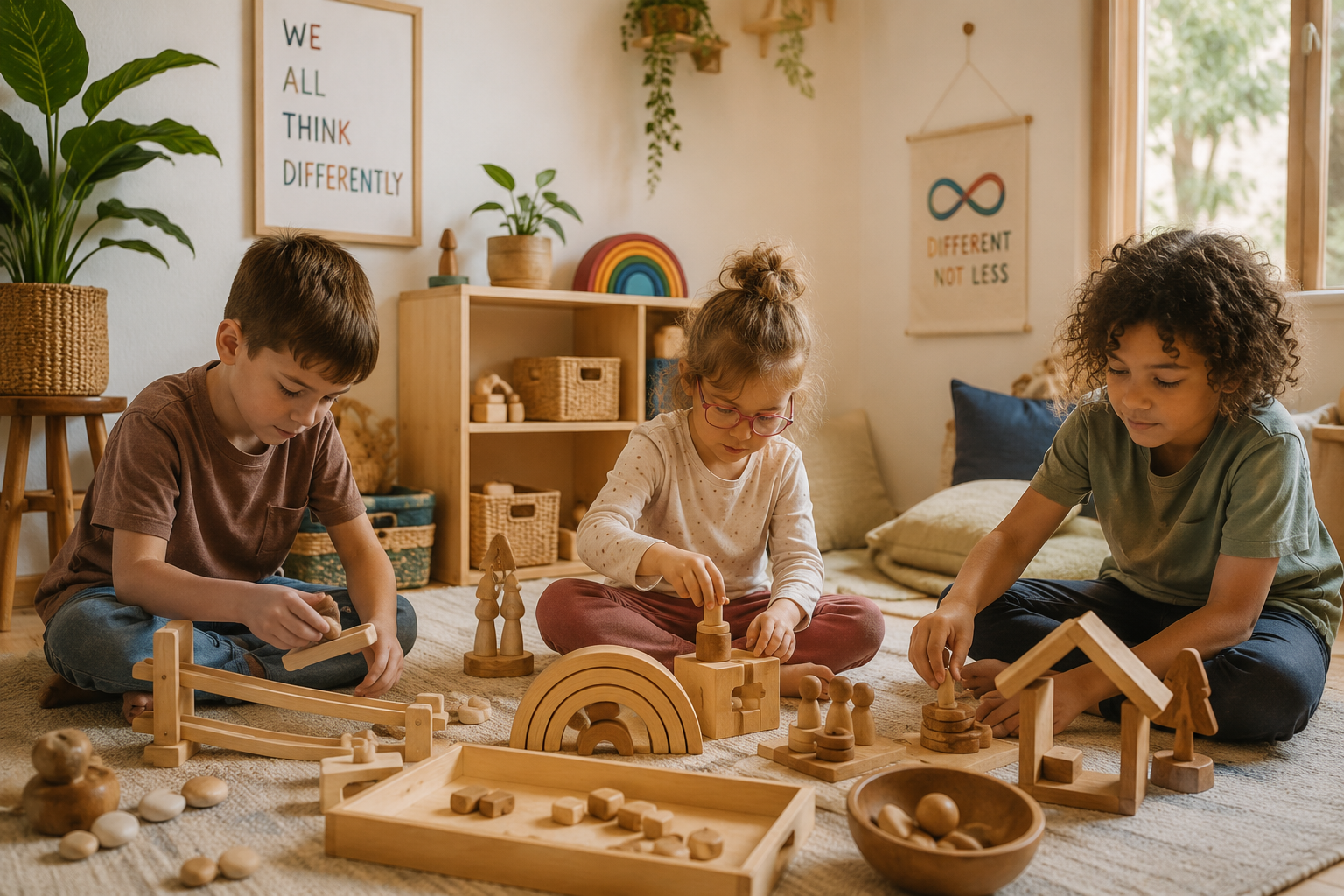 Three children playing with wooden blocks in a calm, sunlit playroom