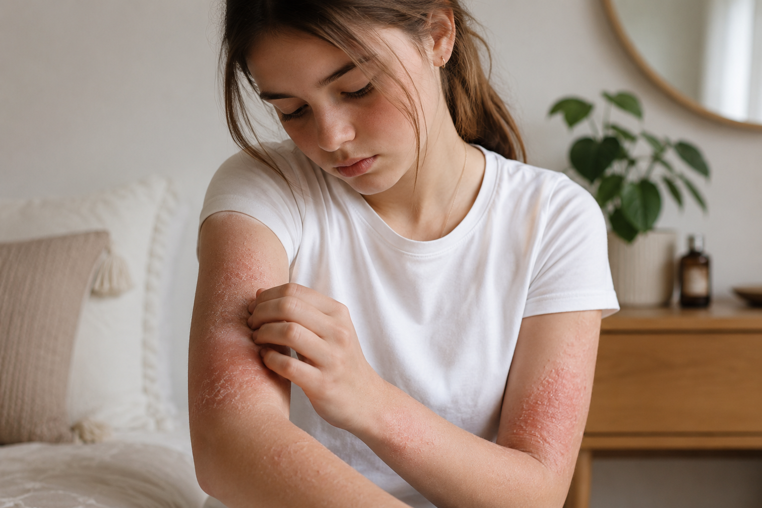 A teenage girl gently scratching an eczema flare on her arm