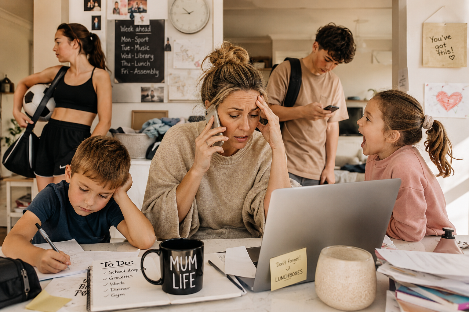 A mother on the phone at a busy kitchen table surrounded by children